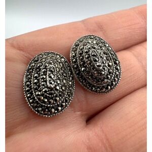 Vintage Sterling Silver Marcasite Oval Stud Earrings 925 Art Deco Style Pavé